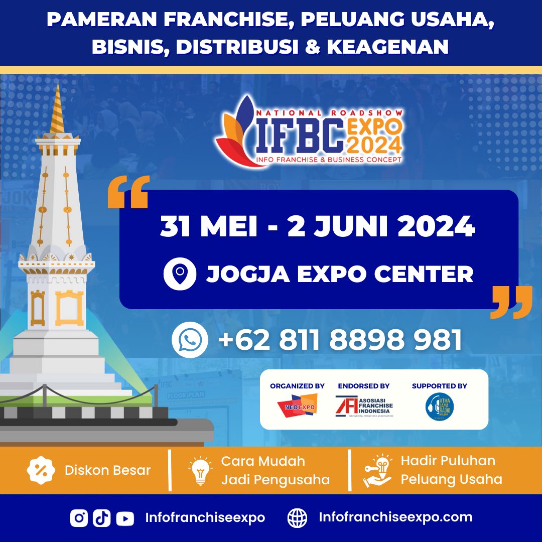 HADIR KEMBALI DI JOGJA!
Temukan Solusi Berwirausaha &amp; DISKON BESAR Beli Bisnis Terkini di Pameran Franchise &amp; Peluang Usaha Nasional Terkini #ifbcexpo2024 !

⌨ 31 Mei-2 Jun 2024
📍 Jogja Expo Center
⌚10.00-20.00 WIB

Info:
<a href="/infofranchisexp/">Info Franchise & Business Concept - IFBC</a>
0811-8898-981
infofranchiseexpo.com