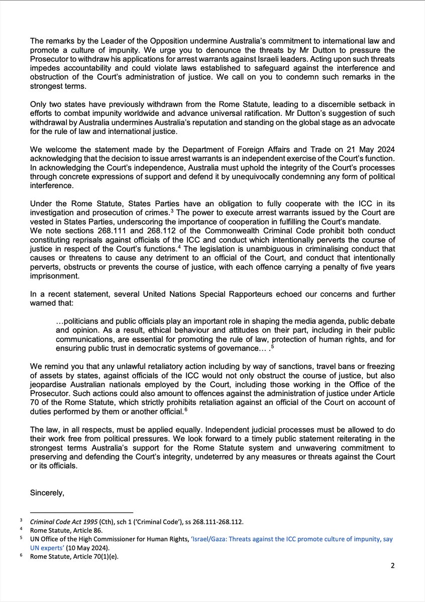 .@theACIJ, @humanrightshrlc & @amnestyOz have called on the AusGov to confirm Australia's support for the ICC & to strongly condemn remarks that encourage political interference & promote a culture of impunity. Read our letter here below. @AlboMP @SenatorWong @MarkDreyfusKCMP
