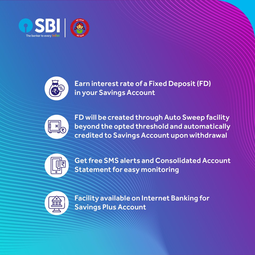 Get the convenience of a savings account and the returns of a fixed deposit, plus many more benefits! Simplify your banking today and start maximizing your savings with our Savings Plus Account and Surabhi Savings & Current Account. To know more, visit bank.sbi/web/personal-b……
