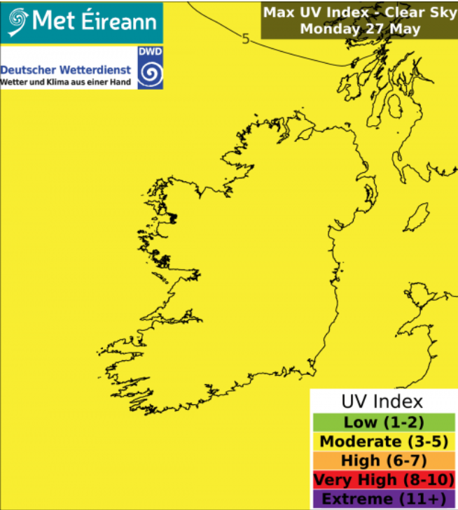 MetEireann's tweet photo. Today, Monday May 27th, will have some sunny spells at times, especially in the afternoon and evening in eastern parts 🌤️ 

#UVLevels will reach moderate levels, as a result   

More here 👇
https://t.co/sbFTHg2mPF
https://t.co/BgwnlFfuRb https://t.co/y46iSVUXmS