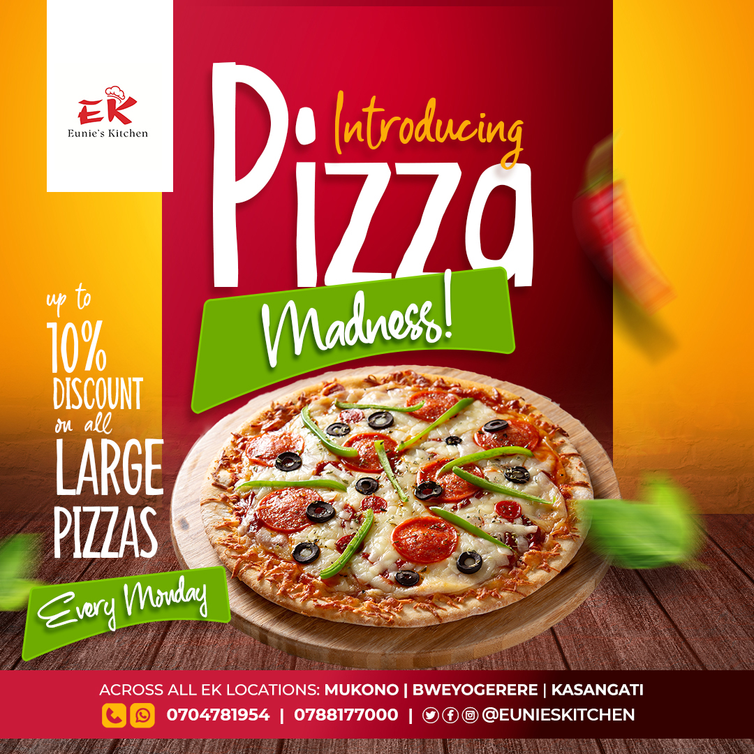 Today is the madness pizza offer. Enjoy our Monday discount on large size Pizzas

Enjoy a 10% discount on all large pizzas.

For delivery call:
👉Kasangati: 0704781954
👉Mukono: 0788177000
👉Bweyogerere: 0702570042

#pizzadiscounts #euniezkitchen #mondayvibes #monday