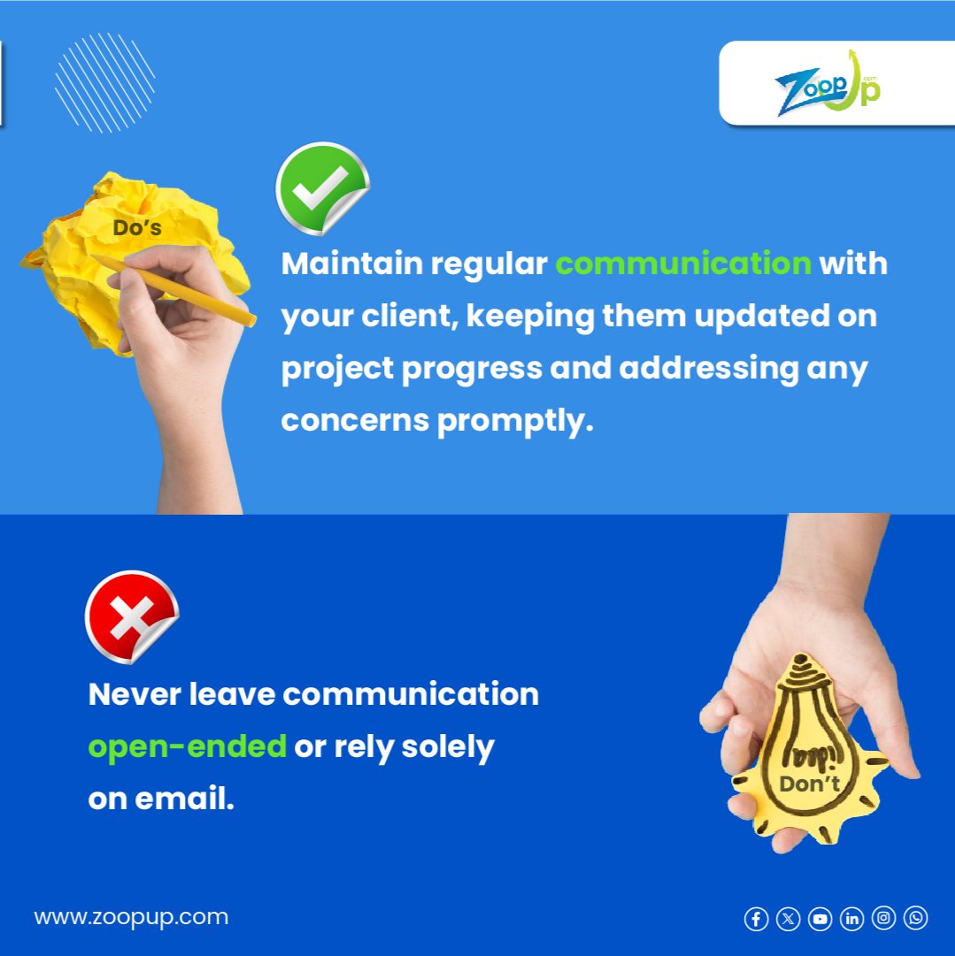 ZoopUpOfficial's tweet image. Do&apos;s and don&apos;ts while onboarding a client ✅❌

.

.
#clientproposal #proposal #clientonboarding #freelancetips #zoopup #projects #freelancers #gigs