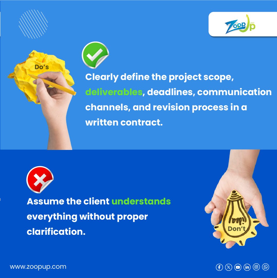 ZoopUpOfficial's tweet image. Do&apos;s and don&apos;ts while onboarding a client ✅❌

.

.
#clientproposal #proposal #clientonboarding #freelancetips #zoopup #projects #freelancers #gigs