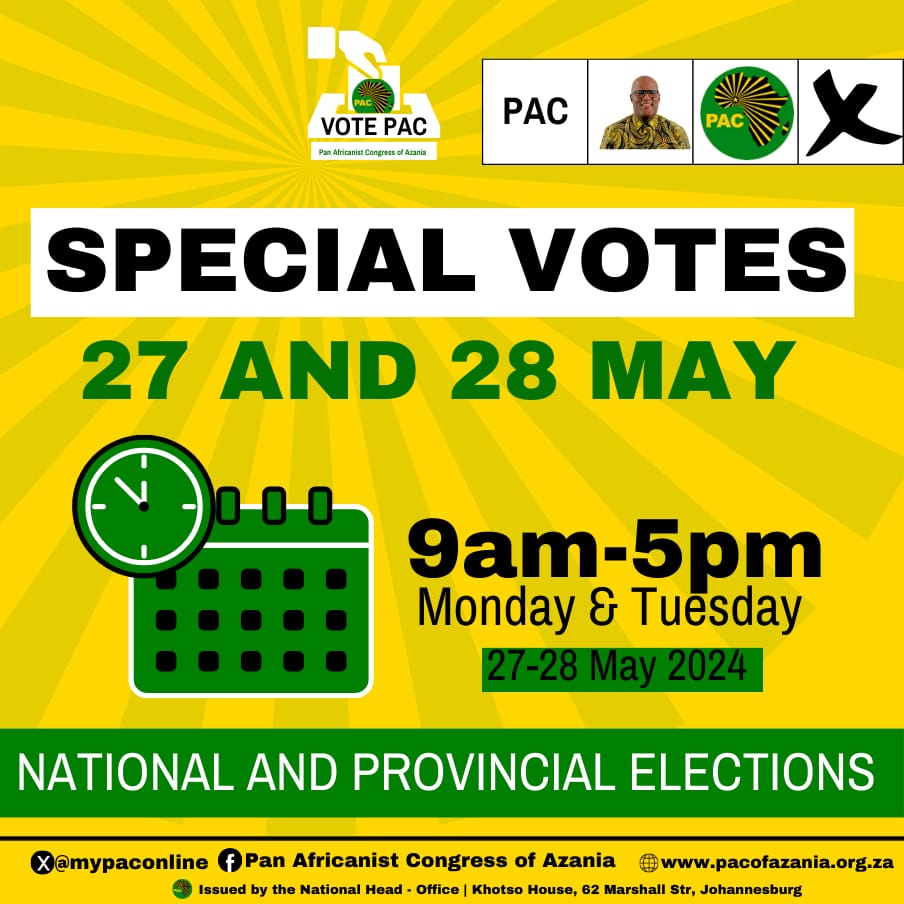 🗳️ From today until Wednesday, let's make our voices heard! Vote for the Pan Africanist Congress of Azania (PAC) and join us in the fight for true liberation and unity. Together, we can build a better future for all. #VotePAC #PanAfricanism #AzaniaRising #YourVoteMatters