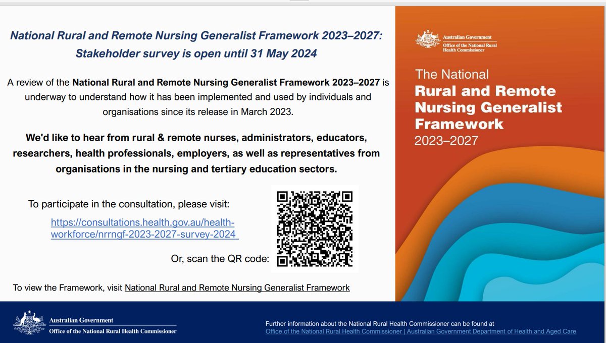 Have you used the National Rural and Remote Nursing Generalist Framework 2023-2027? 

We’d love to understand how it has been implemented and used by individuals and organisations. 
👇 a link to the online survey ~5 minutes to complete. 
lnkd.in/gXrDgE3F