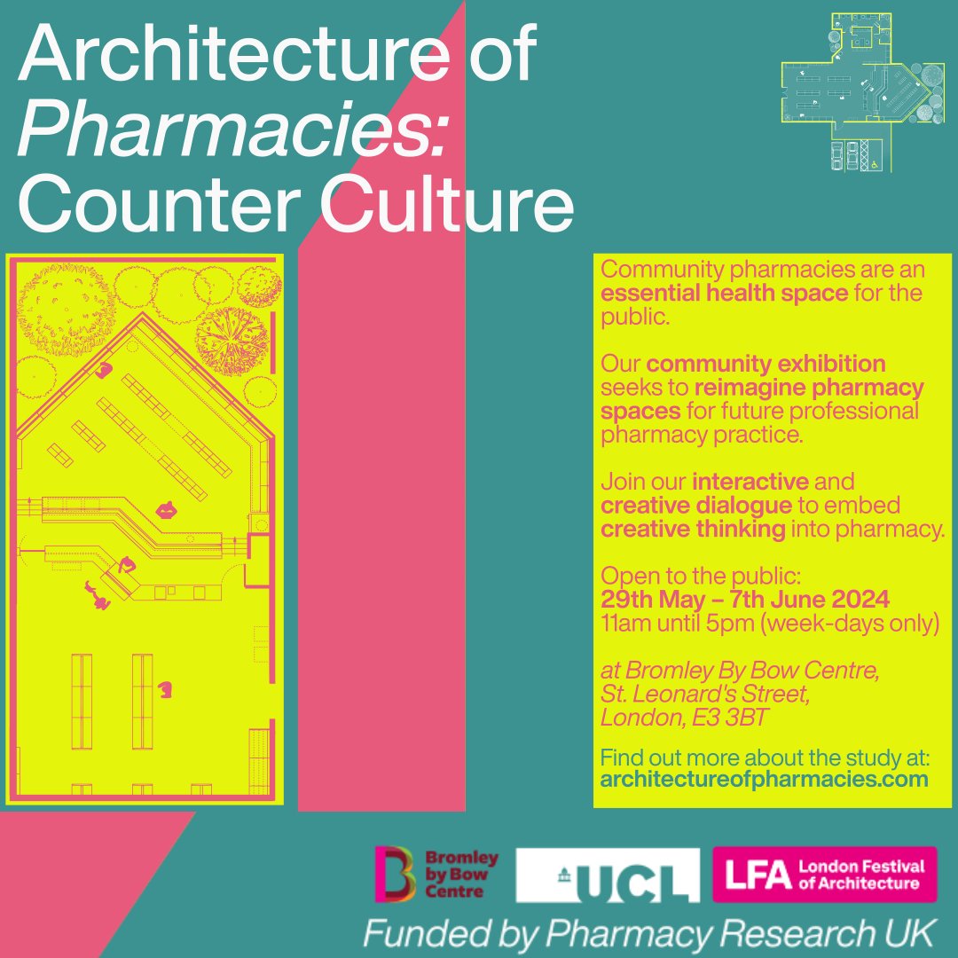 Architecture of Pharmacies: Counter Culture exhibition starting this week! 

From Wednesday 29th May to Friday 7th June explore the question: What should the pharmacy of the future look like?

Find out more👉ow.ly/jp1Q50RvW8i

@LFArchitecture @ucl

#LFA2024 #Reimagine