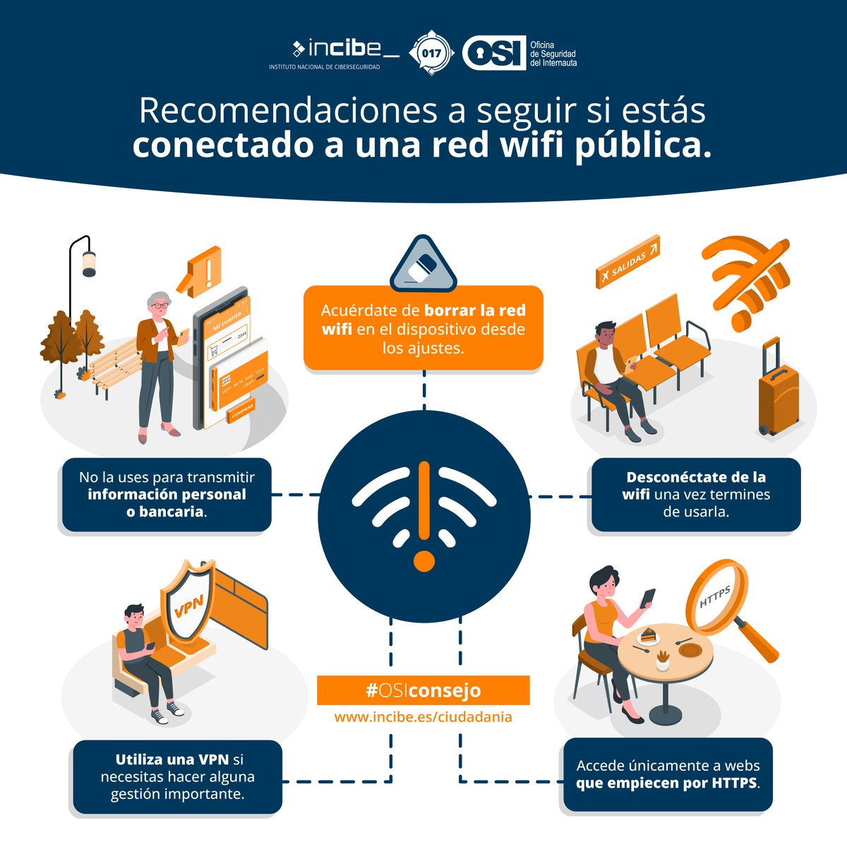 Si sueles conectarte a redes #wifi públicas 📡, es esencial que sigas ciertas pautas para resguardar tus datos 👨‍💻. En esta imagen te ofrecemos consejos fundamentales para asegurar la integridad de tu información 🌐. incibe.es/sites/default/… #ConexiónSegura #PlanDeRecuperación