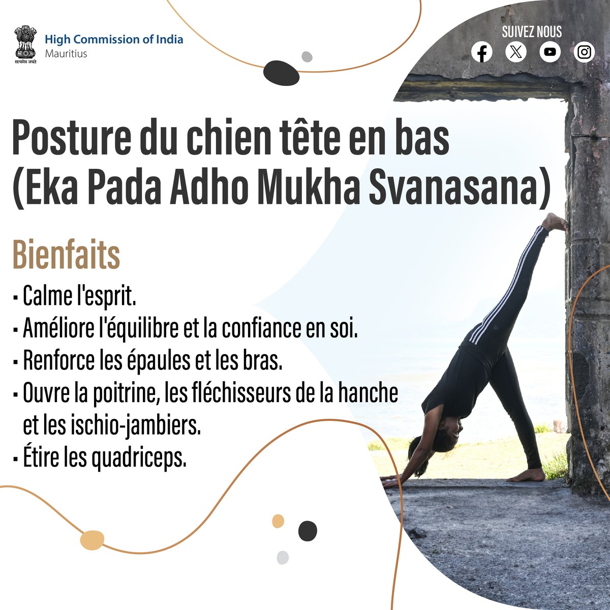 Découvrez la sérénité avec la posture du chien tête en bas - Eka Pada Adho Mukha Svanasana. Une pose gracieuse qui invite la tranquillité et l'équilibre. #IDY2024 #IndiaMauritius