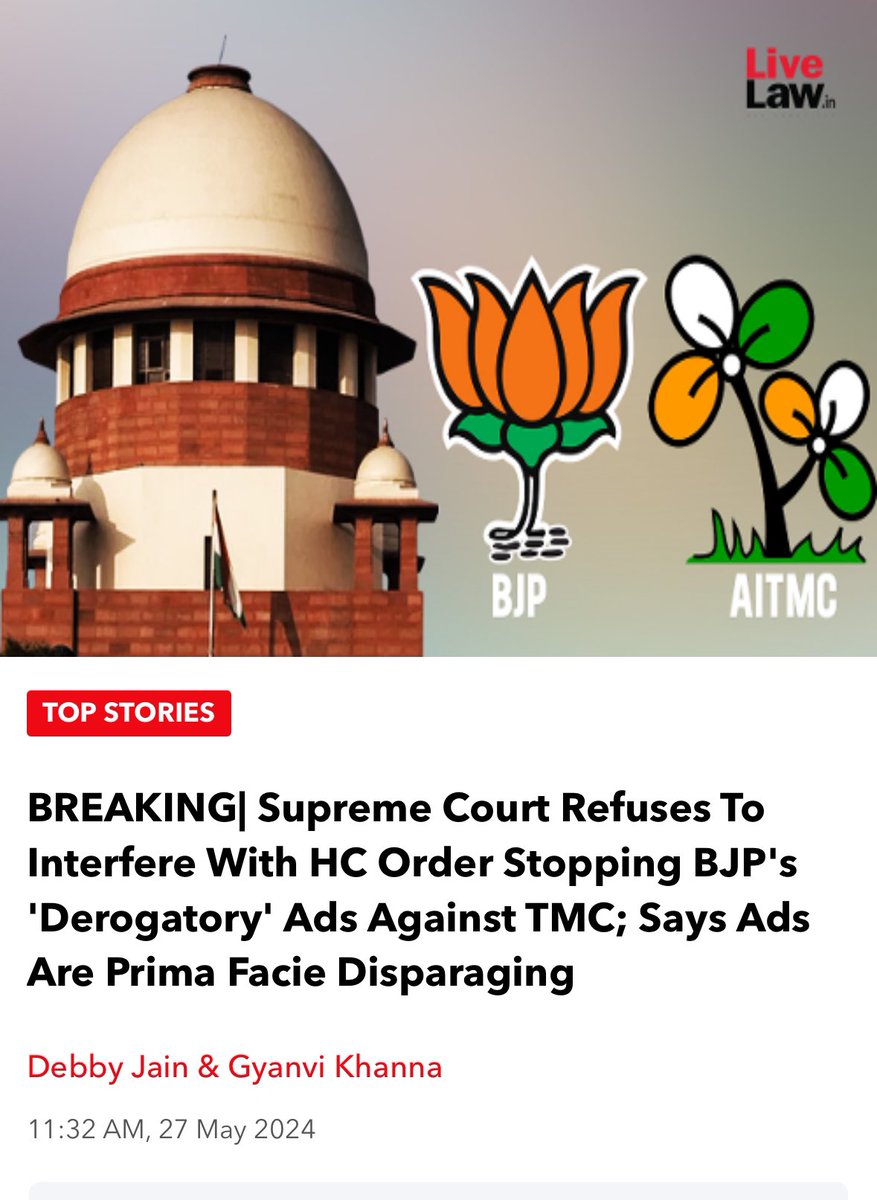 Another tight slap to BJP by the Hon’ble Supreme Court. SC refuses to hear BJP’s appeal against the Calcutta HC order banning BJP’s false & malicious ads targeting TMC. Know what’s most shameful here? HC banned the ads. SC upheld. While Modi-ally ECI did NOTHING!