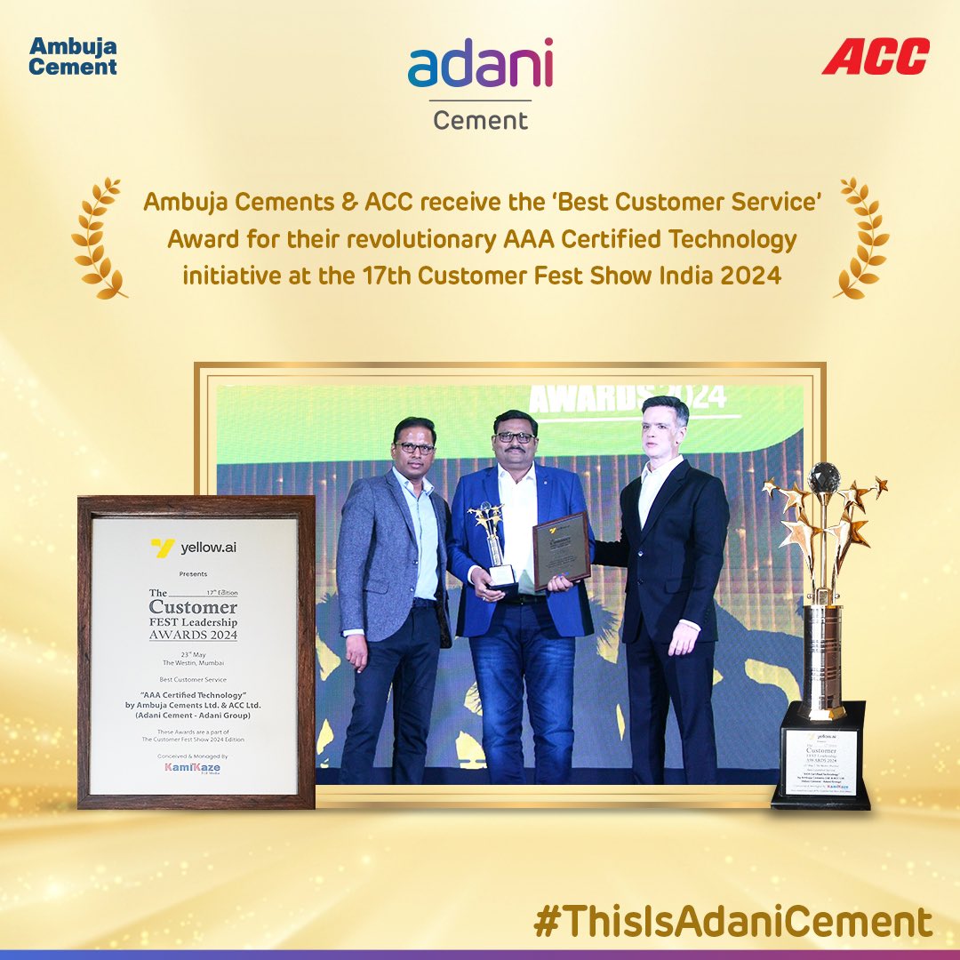 Ambuja Cements and ACC have been honoured with the prestigious ‘Best Customer Service’ Award at the 17th Customer Fest Show India 2024 for their revolutionary AAA Certified Technology initiative. #ThisIsAdaniCement #BuildingNationsWithGoodness #GrowthWithGoodness