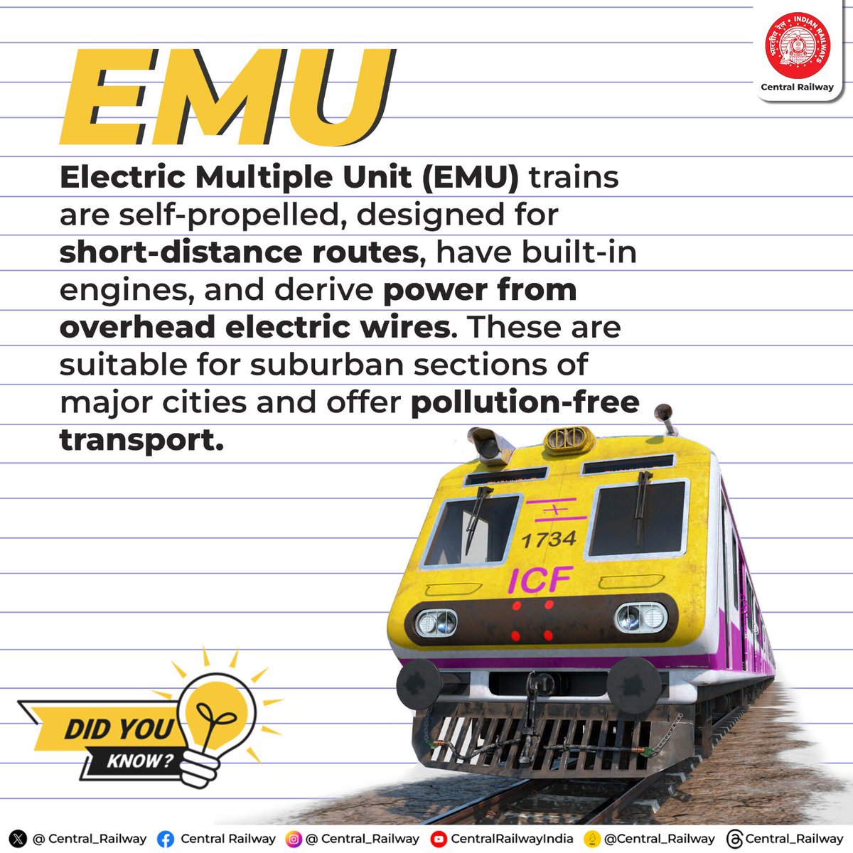 Mindful Monday: lets know more about our beloved EMUs (Electric Multiple Units) unlocking their pivotal role in the world of transportation. #CentralRailway #DecodingEMU