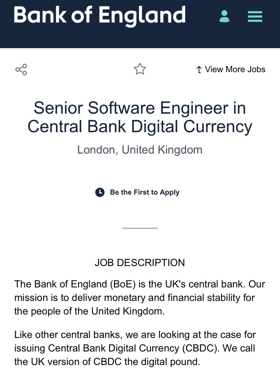 Current job advertisements from the Bank of England:

▪️Lead architect in central bank digital currency (CBDC) programme 
▪️Senior software engineer in central bank digital currency