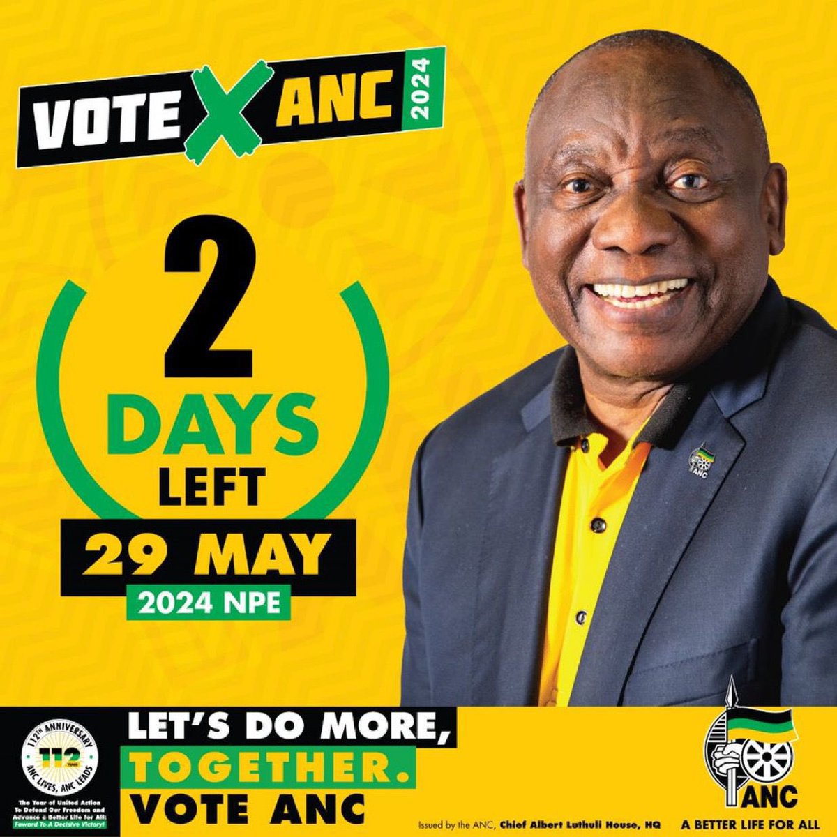 GautengANC's tweet photo. 2 Days to go until the 2024 National and Provincial Elections, vote ANC on the 29th of May 2024!

1st Ballot: #VoteANC ❎
2nd Ballot: #VoteANC ❎
3rd Ballot: #VoteANC ❎

#VoteANC2024
#LetsDoMoreTogether ⚫️🟢🟡 https://t.co/2d9UanScUx