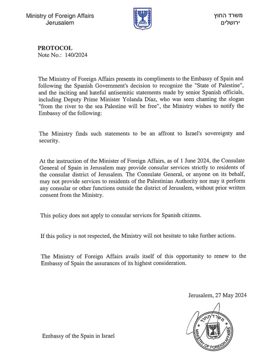 This morning, I instructed the @IsraelMFA to send a diplomatic note to the Spanish Embassy in Israel, prohibiting the Spanish consulate in Jerusalem from conducting consular activities or providing consular services to residents of the Palestinian Authority.

We will not remain