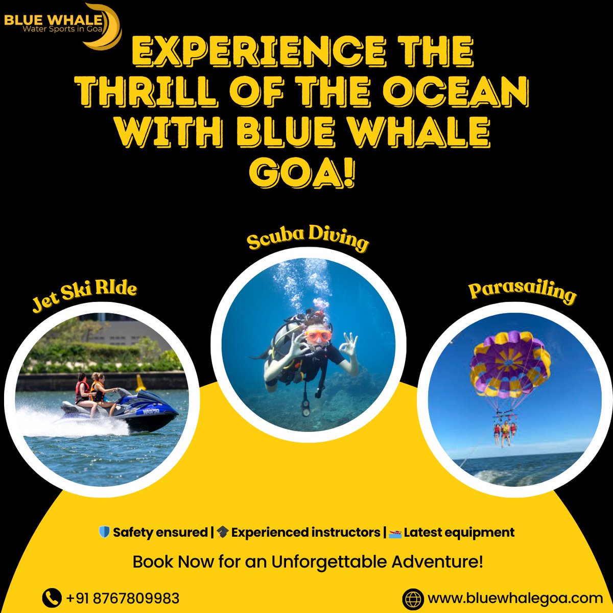 Discover the thrill of Goa's coastline with Blue Whale Goa! 🌊 Offering scuba diving, jet skiing, parasailing, and more. Safety, expert instructors, and top equipment guaranteed. Book now! 📞 +91 8767809983 🐳 #BlueWhaleGoa #WaterSports #Adventure