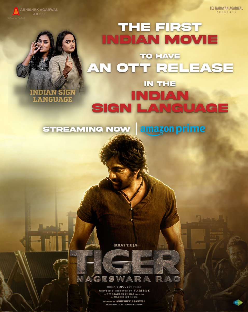 A new chapter in inclusivity in Indian Cinema ✨ #TigerNageswaraRao is the 𝐅𝐈𝐑𝐒𝐓 𝐈𝐍𝐃𝐈𝐀𝐍 𝐅𝐈𝐋𝐌 to have an OTT Release in the 𝐈𝐍𝐃𝐈𝐀𝐍 𝐒𝐈𝐆𝐍 𝐋𝐀𝐍𝐆𝐔𝐀𝐆𝐄 ❤️‍🔥 Streaming now on @PrimeVideoIN 🔥bit.ly/TigerNageswara… Mass Maharaja @RaviTeja_offl @DirVamsee