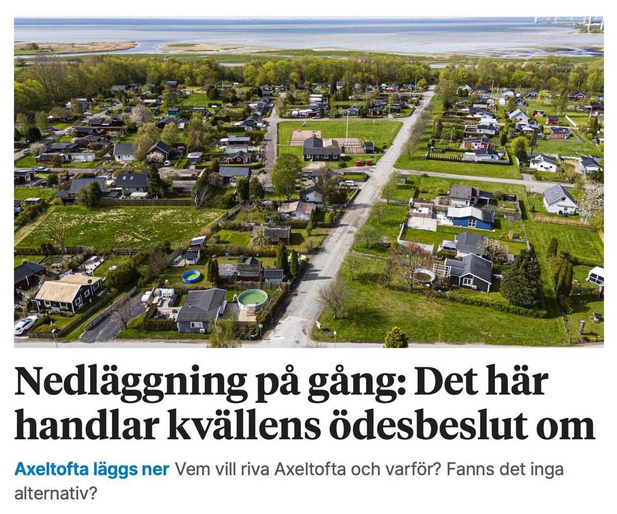 Såhär behandlar makthavarna i Landskrona vanligt folk med koloni-stugor. Folk förlorar hundra miljoner. Man hittar på ett klimat-skäl… risk för översvämning från havet. Om 100 år. 

SD vill behålla Axeltofta som koloniområde. 

Står i Helsingborgs Dagblad.