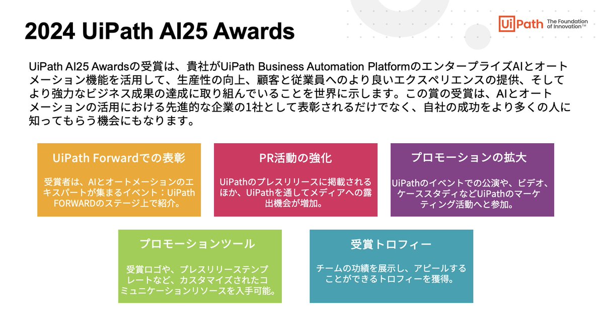 amzy_thoughts's tweet photo. 🏆2024 UiPath AI25 Awards エントリー受付中🏆
今年は、Awardの受賞枠が昨年の10社から25社へと増加しています！AIとオートメーションの融合を通して皆様が実現されているお取り組みについて、是非グローバルに発信してみませんか？🤩
🗓️エントリー締め切り: 2024年7月19日 https://t.co/ROK15eGous