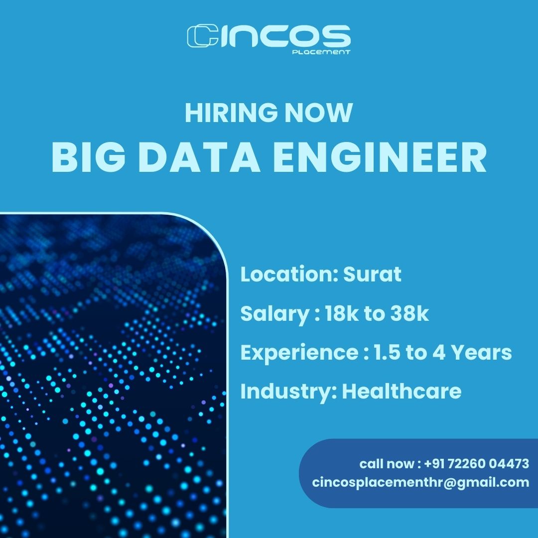 cincosplacement's tweet image. Exciting opportunity for a Big Data Engineer with Top Job Consultancy in Surat. Join us now!
Contact Us
Phone: +91 72260 04473
#BigDataEngineer #SuratJobs #DataPro #UrgentJobs #BestJobPlacementAgencyInSurat #BestJobPlacementServicesInSurat