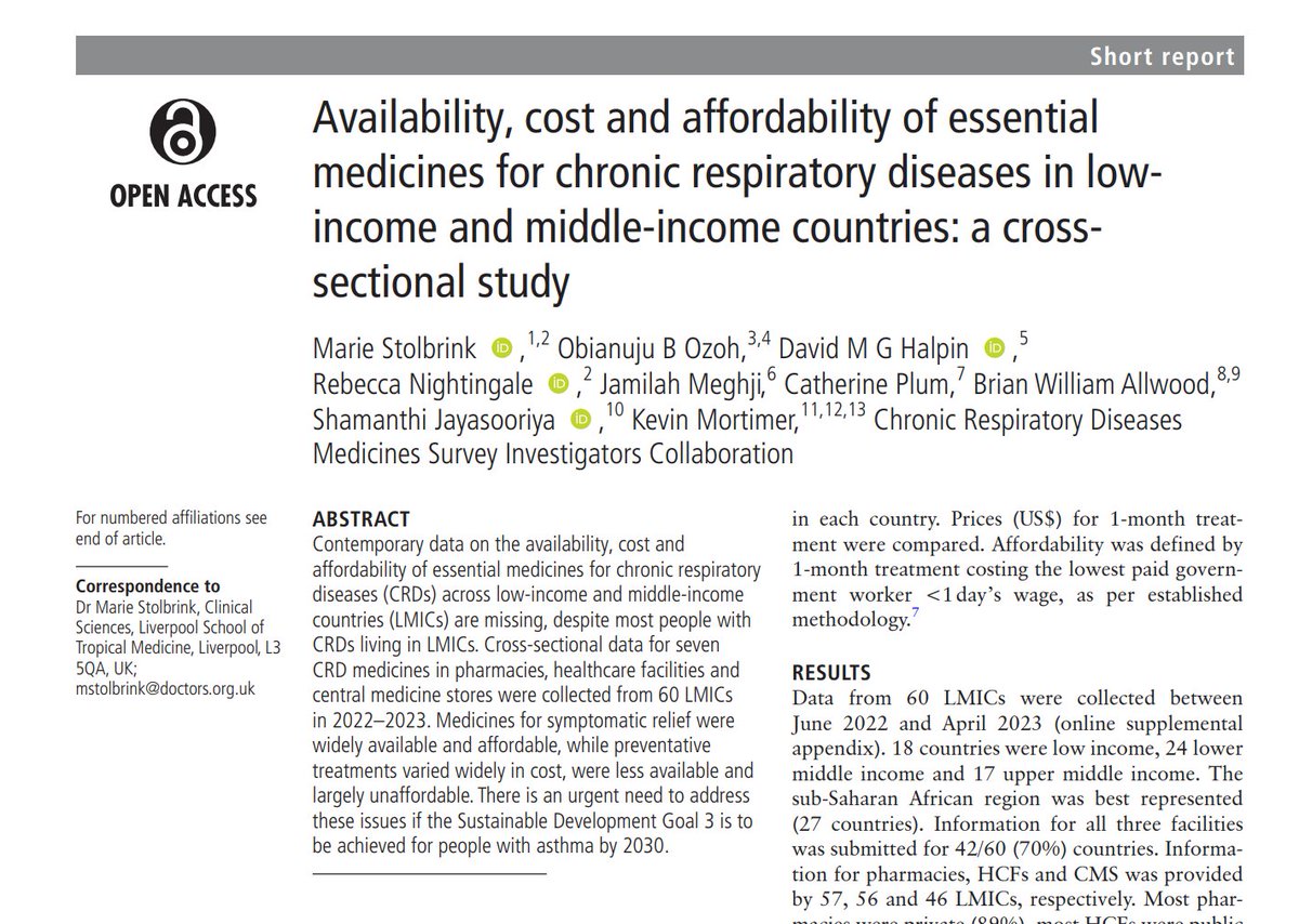 🚨short report highlights urgent gaps in access to essential medicines for chronic respiratory diseases (CRDs) in LMICs. While symptomatic relief meds are available & affordable, preventative treatments lag behind. Action needed to meet #SDG3 by 2030! thorax.bmj.com/content/early/…