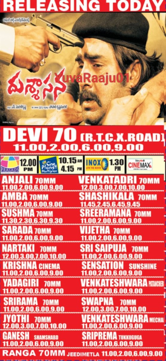 YuvaRaaju01's tweet photo. #13YearsForDussasana
Starring: @actorsrikanth
Hyd - DEVI 70MM - 7Days RUN Replaced with #Babloo
Secbad - ANJALI - 8Days RUN Replaced with #Maaro https://t.co/qqWMXrqBVD