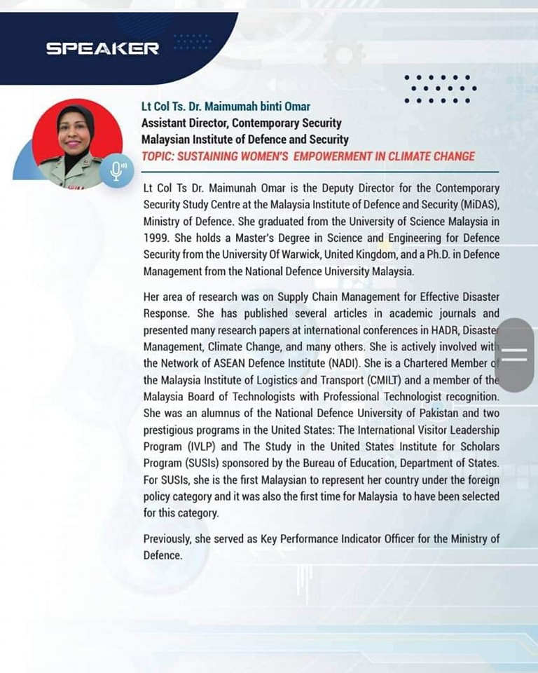 WANITA HEBAT!

3 Pegawai Wanita ATM diberi pernghormatan sebagai speaker di 2nd Pocket Talk: Women Peace and Security with the theme: Roles of Women in Resilient Nations for the Next Generation sempena Pameran Defence Services Asia (DSA) & Natsec Exhibition 2024 baru-baru ini.