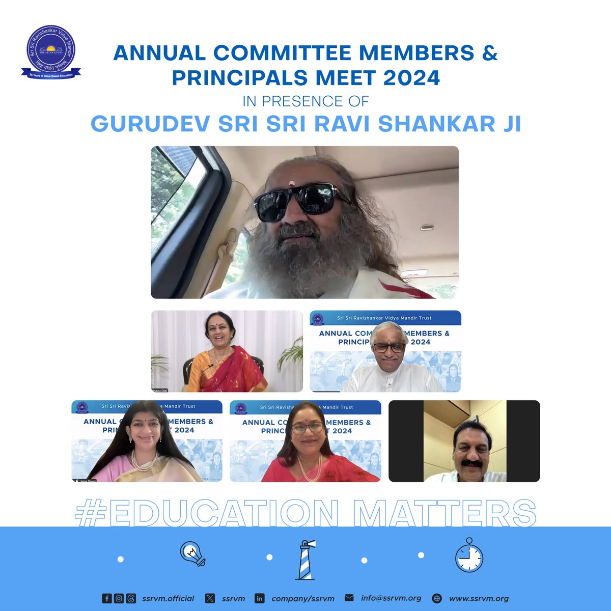 ssrvm's tweet photo. On May 25th, 2024, SSRVM Trust hosted a nationwide 'Annual Committee Members & Principals Meet' with over 200 participants, graced by the presence of Gurudev @SriSri Ravi Shankar ji and Smt. Bhanumathi Narasimhan ji @Bhanujgd . This virtual event aimed to celebrate SSRVM's commitment to excellence in education, honor the key contributors to its success, and strategize for future growth. Gurudev's guidance was a great source of motivation for all.
#EducationMatters #AnnualMeet #SSRVM
