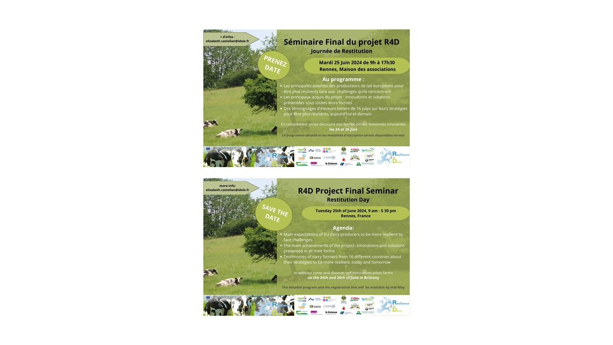 ‼️Save the date - Final seminar of R4D project on the 25th of June 2024 in France❗️ <a href="/InstitutElevage/">Institut de l'élevage - Idele</a> <a href="/Boerenbond/">Boerenbond</a> @InagroBeitem <a href="/teagasc/">Teagasc</a> <a href="/AgriSearchNI/">AgriSearch</a> <a href="/WUR/">Wageningen U&R</a> <a href="/LukeFinland/">Luonnonvarakeskus</a>