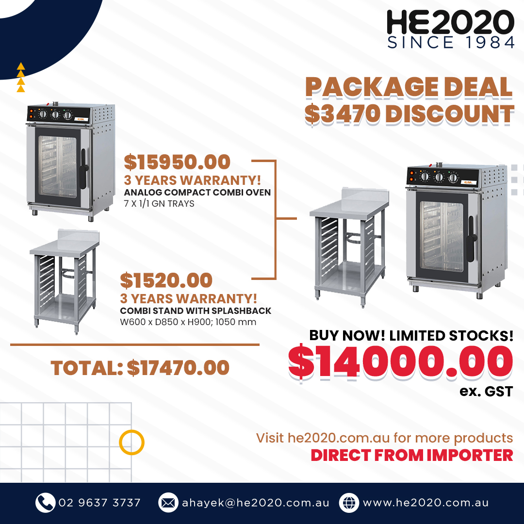 SAVE $3470! Unlock exceptional efficiency with our exclusive package offer! Dive into the culinary world with our Compact Combi Oven Analog Control (Capacity: 7 x 1/1 GN) and our combi stand with splashback for lower prices! Buy now while stocks last!

online.fliphtml5.com/qmob/bohy/
