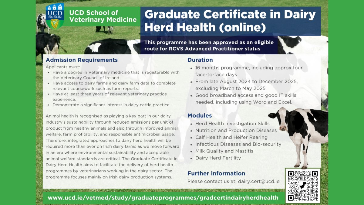 🐄📚Applications are open for our Grad Cert in Dairy Herd Health, an online programme covering herd health skills, dairy herd fertility, nutrition & production disease, milk quality & mastitis, calf health & heifer rearing & bio-secure/infectious diseases tinyurl.com/yc4dtxfp