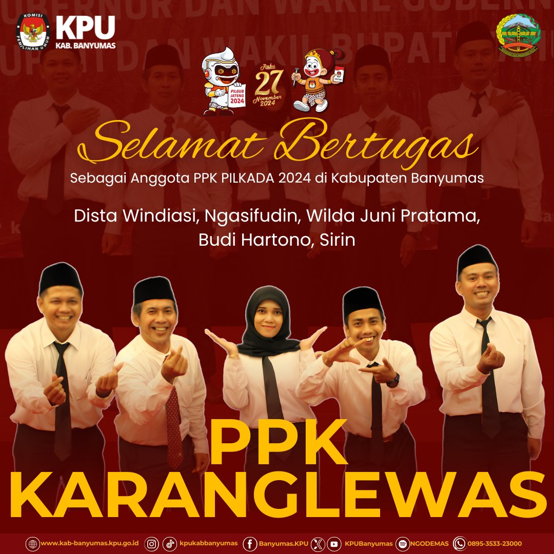 #sedulurkpubanyumas #temanpemilih Yuk lanjut kenalan sama Anggota PPK Pilkada 2024..

nih mimin kenalin Anggota PPK dari Kecamatan Tambak, Purwokerto Barat, Kalibagor, Karanglewas, Sumpiuh, Wangon, dan Purwokerto Utara,

yang kenal bantu tag ya..

#kpubanyumas #kpumelayani