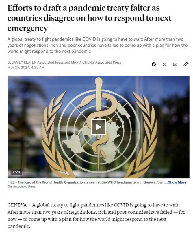 WHO Director General Tedros Ghebreyesus has conceded the failure of the WHO Pandemic Treaty at the start of the World Health Assembly 77 overnight. This is a very good day for those who have opposed a world health dictatorship, such as myself and One Nation Australia.