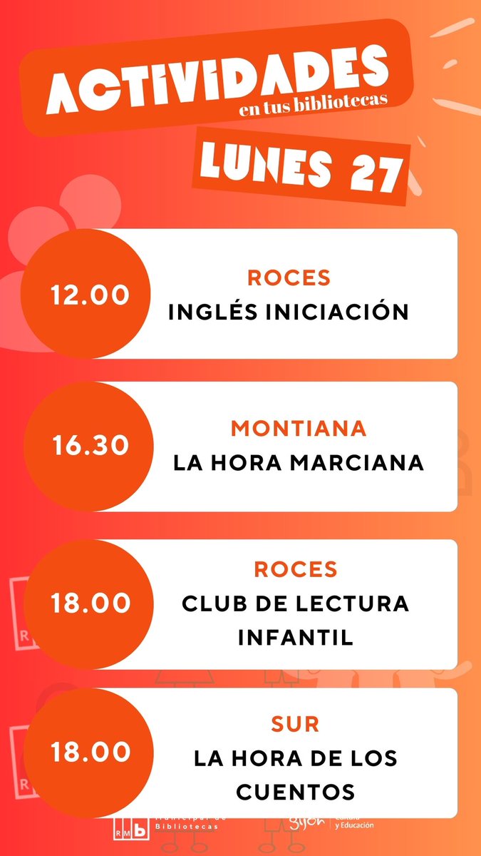 ‼️Como cada lunes, os traemos las actividades para hoy 👽:

#bibliotecasdegijon 📖
@gijon 🌥️
@Culturagijon 📽️
Me muevo con @GijonBus 🚍