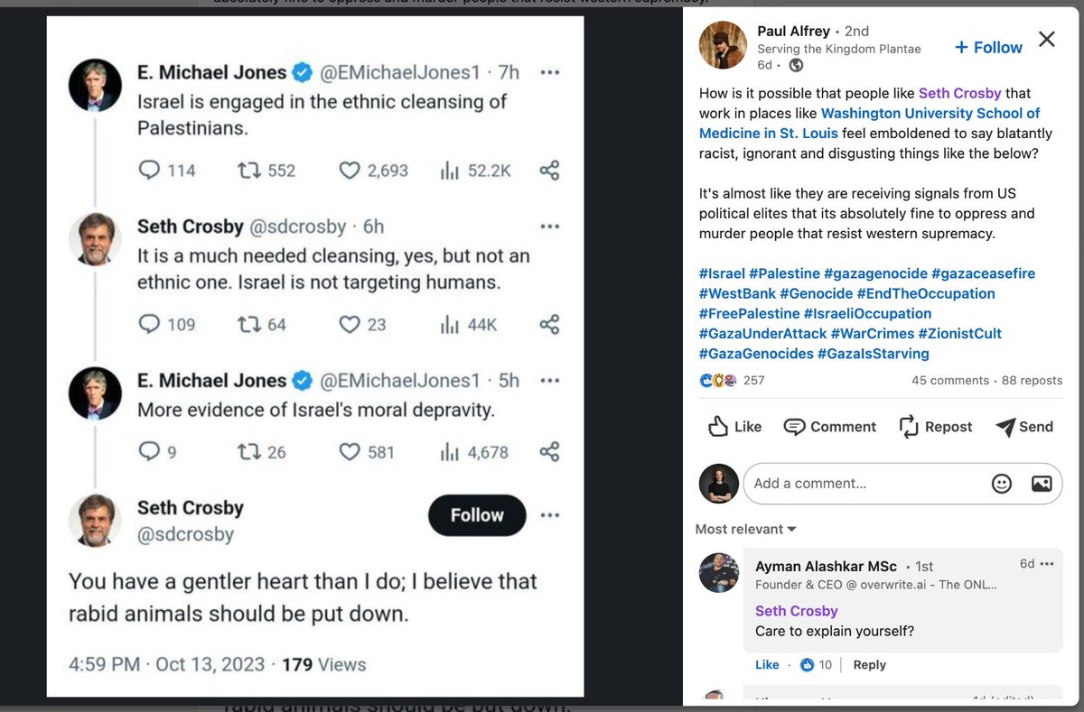 Seth Crosby, Director of Medical Research at @WashingtonUniv  is enjoying the genocide of Palestinians who he thinks are not human.