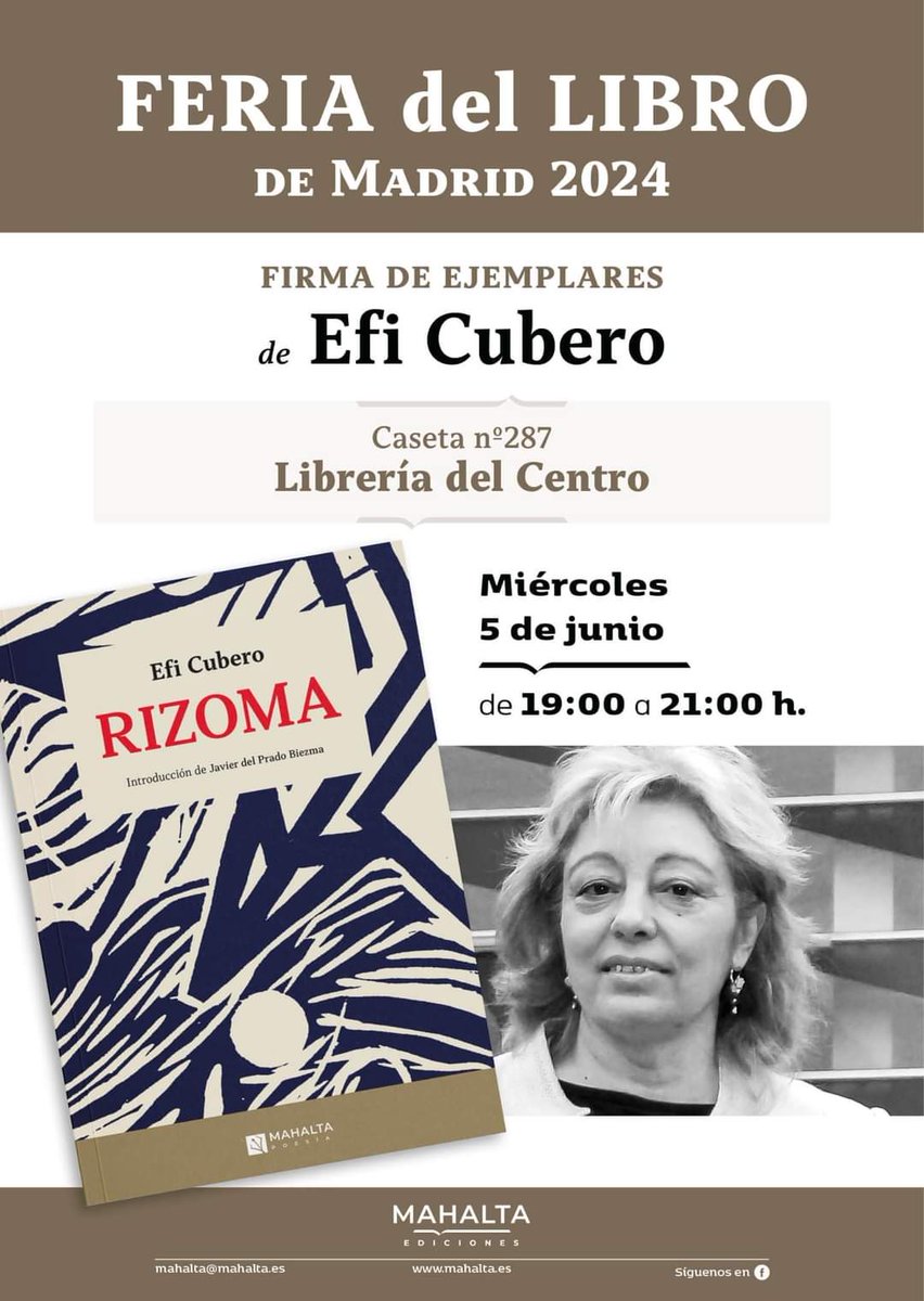 Miércoles 5 de junio, de 19 a 21 h firma de RIZOMA, caseta número 287, Librería del Centro De Arte Moderno-Madrid.
Os espero.
