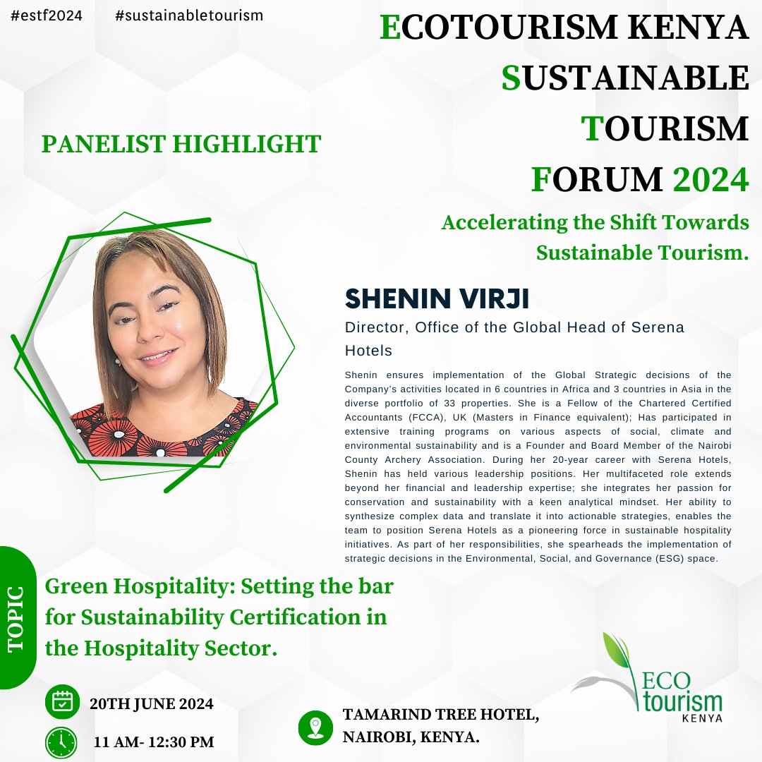 ecotourismkenya's tweet photo. #PanelistHighlight
❇️Get to know Shenin Virji, a featured panelist at @ecotourismkenya Sustainable Tourism Forum 2024!
❇️Join the conversation as we explore 'Green Hospitality: Setting the bar for Sustainability Certification in the Hospitality Sector.'
#OpportunityMonday
+ https://t.co/eAPMoJbAZT