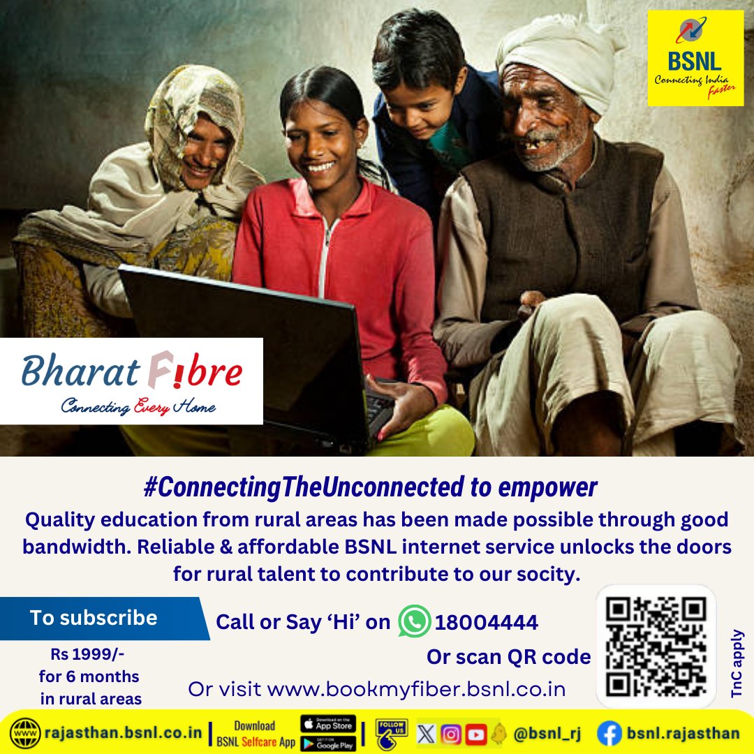 Experience the lightening fast internet ! Subscribe for #BSNL #BharatFiber & enjoy lightning-fast internet at Rs 1999/- for 6 months ( plan for Rural areas only). #BookNow bookmyfiber.bsnl.co.in or Call or Say 'Hi' to 18004444 (WhatsApp) #Internet4All #FamilyWiFi #WiFi #FTTH