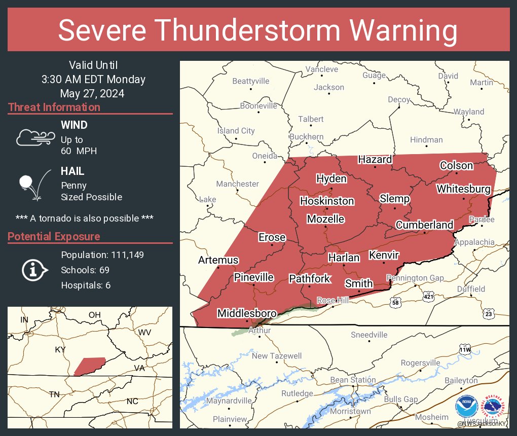 Severe Thunderstorm Warning including Middlesboro KY, Hazard KY and Cumberland KY until 3:30 AM EDT