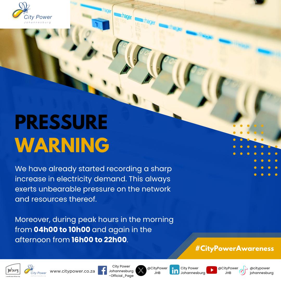 CityofJoburgZA's tweet photo. WARNING
Demand for electricity is spiking rapidly. Your contribution matters.

@CityPowerJhb is urging customers to switch off non essential appliances to support grid stability and prevent shortages.

#JoburgUpdates #SaveElectricity ^MM https://t.co/IJ2BOdzvfS