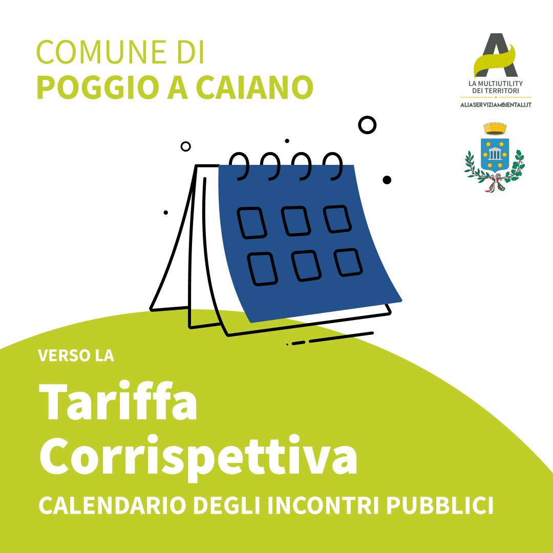 Tariffa Corrispettiva: scopriamola insieme.

LUNEDI’ 27 MAGGIO 2024
Ore 21.00 – Sala della Giostra
Presso Palazzo Comunale
via Cancellieri n. 4
L’incontro è dedicato alle aziende

Scopri di più sul nostro sito!
aliaserviziambientali.it/it-it/tariffa-…

#TariffaCorrispettiva2025 #AliaMultiutility