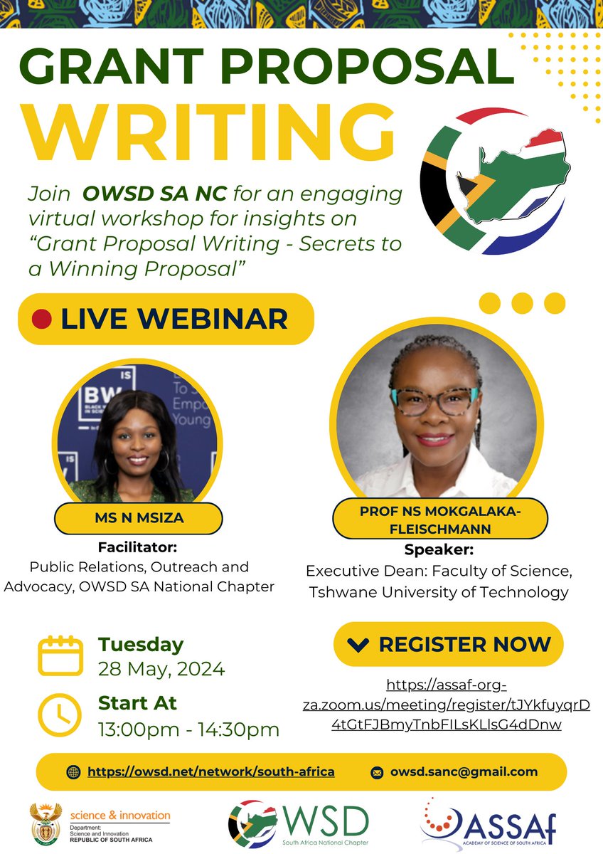 🚀 Join our Grant Proposal Writing Webinar! Unlock the secrets to getting your proposals accepted. 

📅 28 May 2024
🕒 1PM - 2:30PM
📍 ZOOM

Register now: assaf-org-za.zoom.us/meeting/regist…

#OWSDSANC #GrantWriting #ResearchFunding

Don’t miss out! ✨