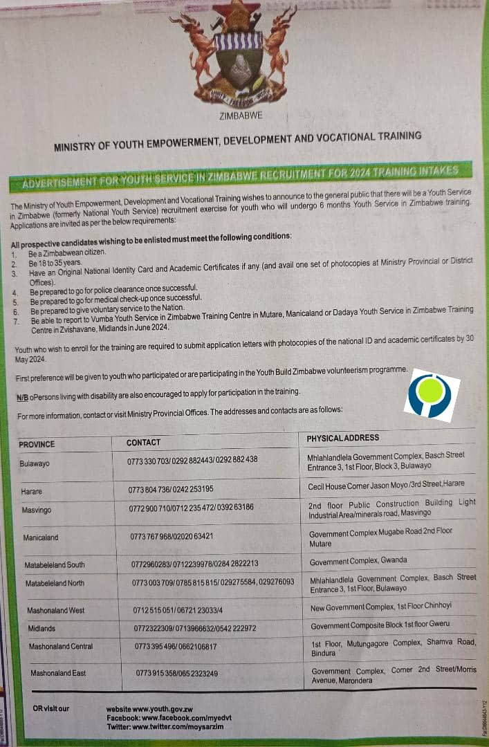 Youth Service Zimbabwe
The Youth Service (YS) in Zimbabwe

DURATION: 6months

AGE: 18-35years

Due Date for Receiving of Applications:30 May 2024!

#YouthsConnectED
#EDWorks
#LeavingNoOneBehind
#Vision2030