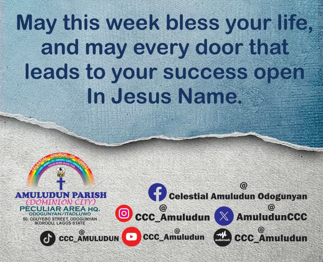 New week 
Success ahead 
#43rdJuvenileHarvest
#Greatupliftment 
#celestialamuludunodogunyan 
#cccworldwideofficial 
#CeleFocus 
#weintheccc 
#DominionMedia 
#celestialheritage 
#omocelenimi 
#CELETV