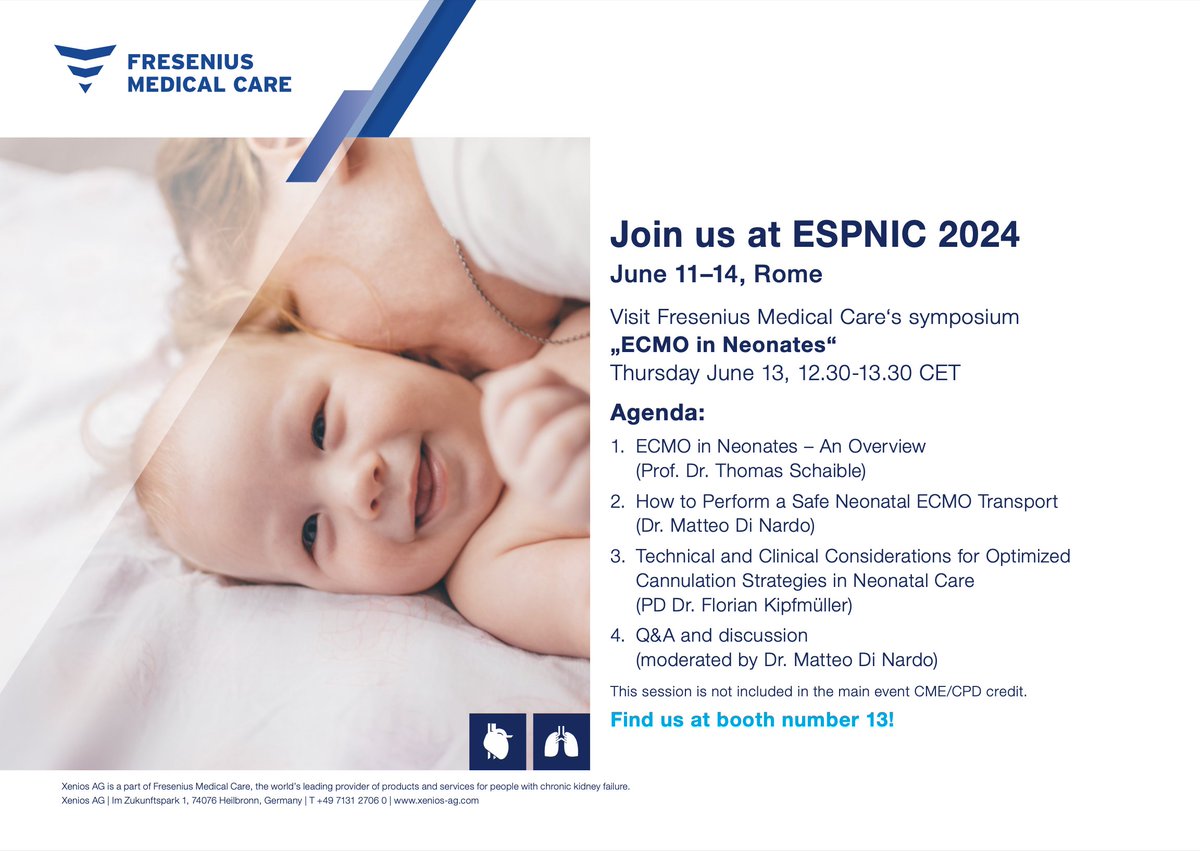 Don't miss the symposium on '#ECMO in neonates' by @FMC_AG at #ESPNIC 2024, 13 June in Rome.
Gain insights from experts on ECMO overview, safe transport, and cannulation strategies, followed by an interactive Q&A session.
Learn more: iii.hm/1qcd