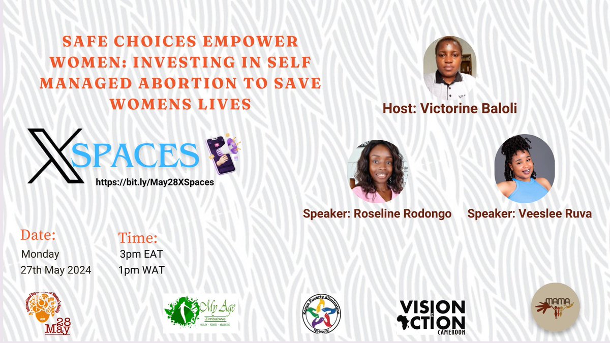 Today is the day! Join our X Space to discuss “Safe choices empower women; Investing in self-managed abortion to save women’s lives”. bit.ly/May28XSpaces #May28 #SRHR4ALL