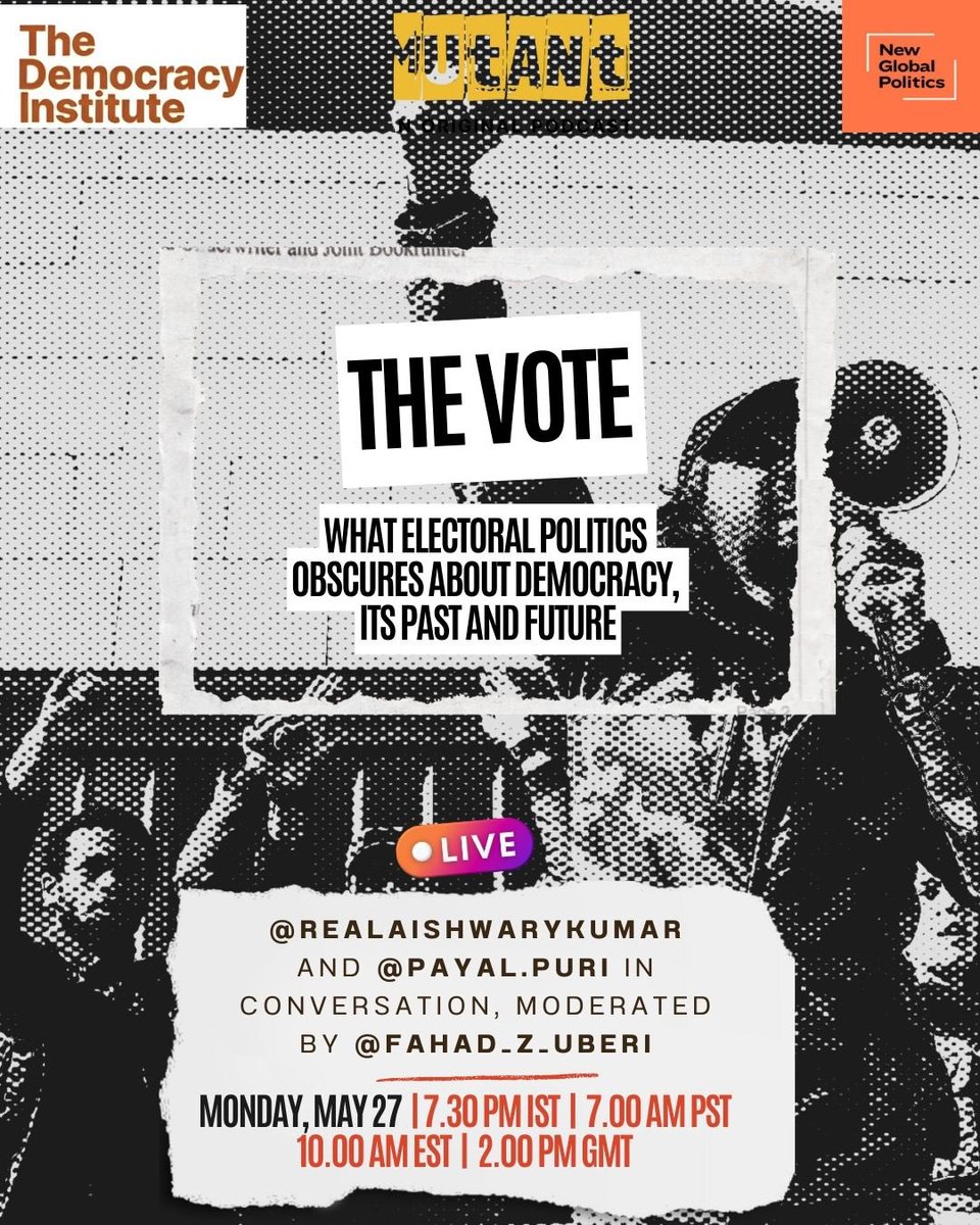 The singularly brilliant <a href="/AishwaryKumar/">Ash</a>, <a href="/zuberi_fahad/">Fahad Zuberi</a> and I will be live over on Instagram this evening talking about electoral politics and what it conceals about democracy — as well as the “moral universe” that is the vote. 7.30 pm IST, 7 am PST, 10 am EST, 2 pm GMT! Join in!