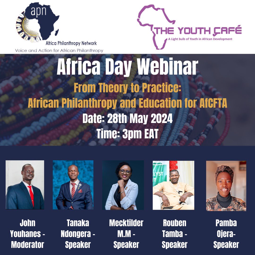 InfoAPN's tweet photo. ✨ Missed celebrating #AfricaDay? No worries, the celebration continues! 

Join us with @TheYouthCafe for a webinar tmrw, May 28 at 15:00 EAT, where we'll explore how #Africanphilanthropy and education are shaping the benefits of #AFCFTA.

🔗 Register: https://t.co/zfhBxymXbD https://t.co/S4NEU6timJ