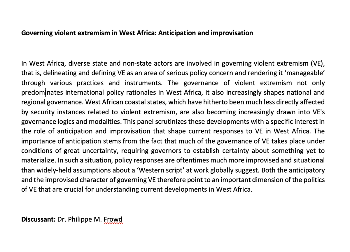ISA deadline is near! <a href="/_witt_antonia/">Antonia Witt</a> and I are putting together a panel on violent extremism in West Africa w/ a focus on anticipation and improvisation. <a href="/PhilippeMFrowd/">Philippe M. Frowd</a> has agreed to be our discussant. Working on these themes? Send Antonia and me a quick word with an abstract!