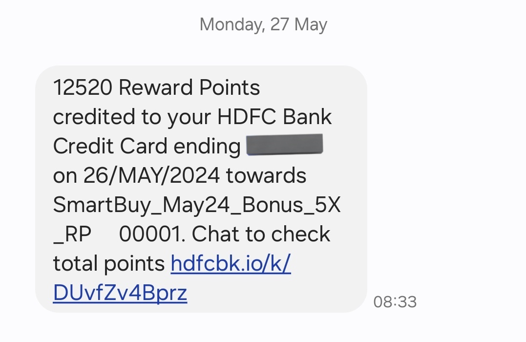 Who wouldn't like to wake up to such messages 😁
Transaction done on 24th May, points credited today.
With this all 15,000 accelerated bonus Smartbuy points on my Infinia have been bagged for this month 😎
Loving your work @HDFC_Bank 
#ccgeek