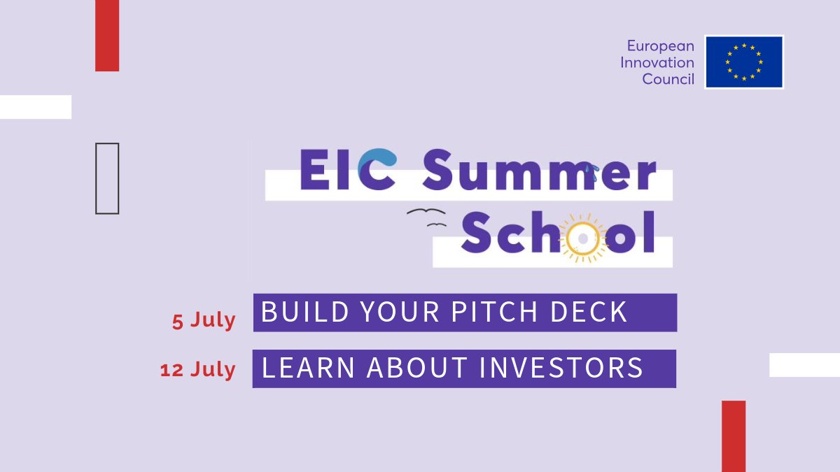 ☀️ Got plans for this summer? #EUeic Summer School is organising two online sessions focused on access to #finance. ➡️ Build a convincing pitch deck ➡️ Learn about investors and their investment terms Registration deadline: 11 June Learn more 👉 bit.ly/3yBcd8i